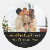 Sticker Rond Black Gold Script Family Photo Joyeux Noël (Devant)