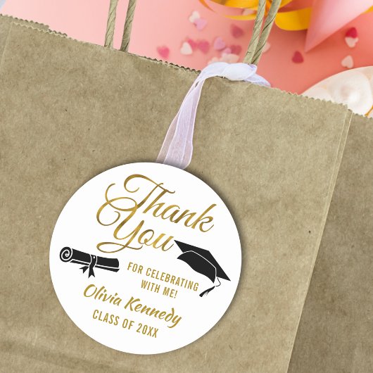 Sticker Rond Black Graduation Cap Gold Thank You Script Favor