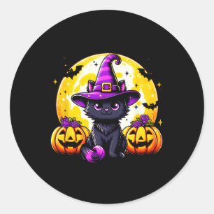 Sticker Rond Black Kitten Citrouille Chat Sorcière Casquette sa