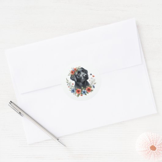 Sticker Rond Black Lab Floral (Enveloppe)