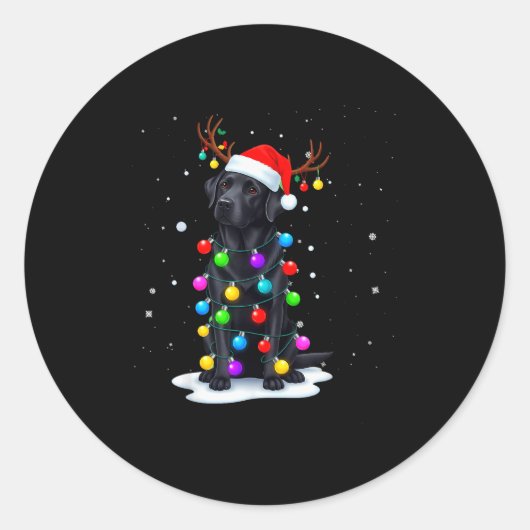 Sticker Rond Black Lab Labrador Dog Funny Christmas Lights Rein (Devant)