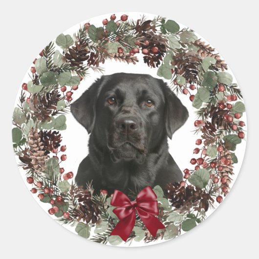 Sticker Rond Black Lab Red Bow Pinecone Wreath Noël (Devant)