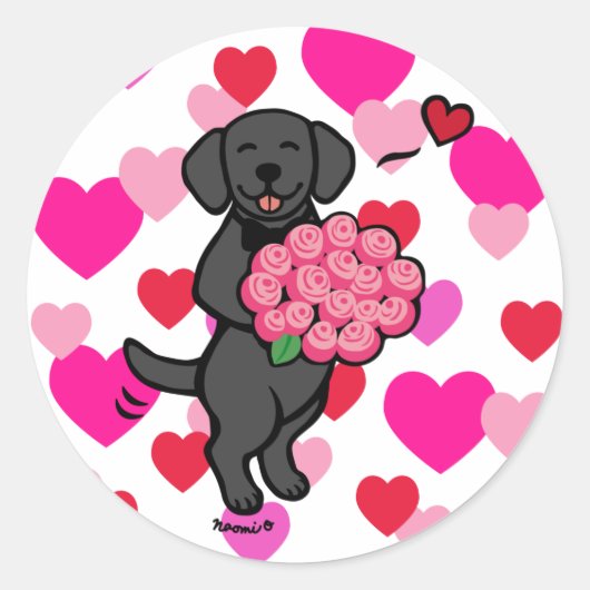 Sticker Rond Black Labrador Cartoon Valentine Hearts (Devant)