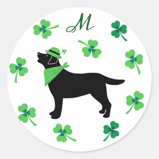 Sticker Rond Black Labrador St. Patrick's Day Shamrock initial (Devant)