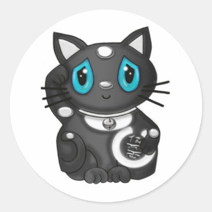 Sticker Rond Black Maneki Neko Bekoning Good Luck Cat