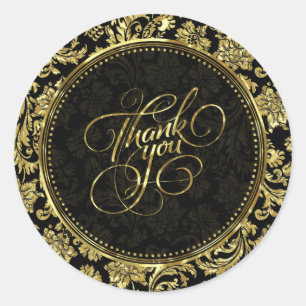Sticker Rond Black & Metallic Gold Floral Damasques Merci 2a