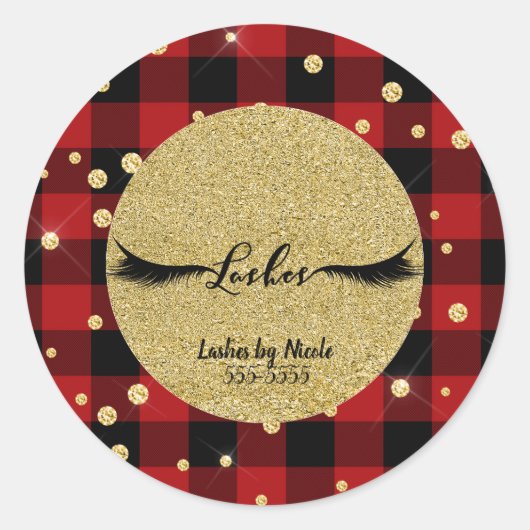 Sticker Rond Black Oeil Lashes Holiday Red Buffalo Plaid (Devant)