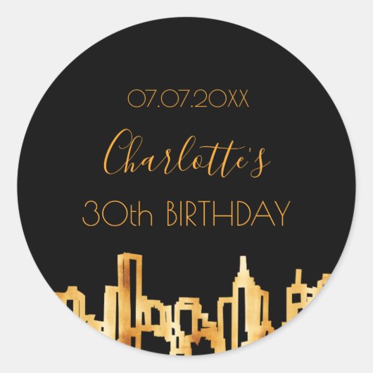 Sticker Rond Black or ville skyline fête d'anniversaire moderne (Devant)