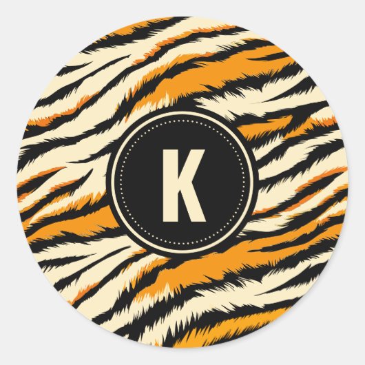 Sticker Rond Black Orange Tiger Stripes Pattern Monogram (Devant)