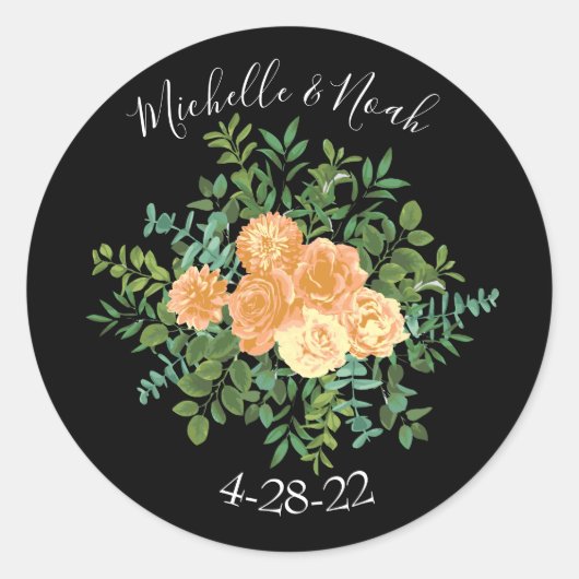 Sticker Rond Black & Peach Mariage Floral moderne (Devant)