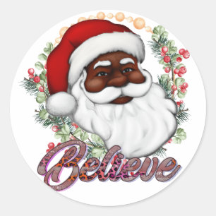 Sticker Rond Black Père Noël Believe Melanin Man Christmas Chev