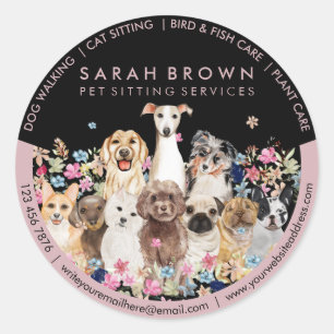 Sticker Rond Black Pink Pet Sitting Boutique Floral Dogs