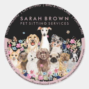 Sticker Rond Black Pink Pet Sitting Boutique Floral Dogs