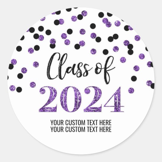 Sticker Rond Black Purple Confetti Graduation 2024 (Devant)