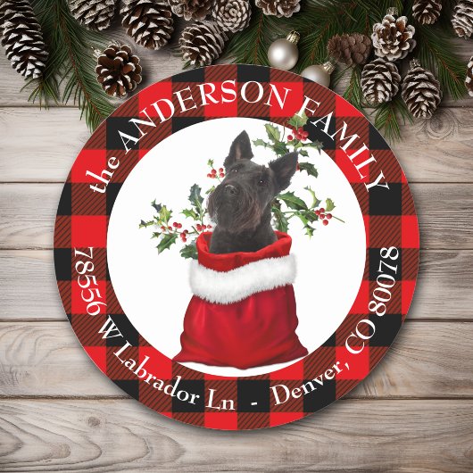 Sticker Rond Black Scottish Terrier Chien Plaid Frame