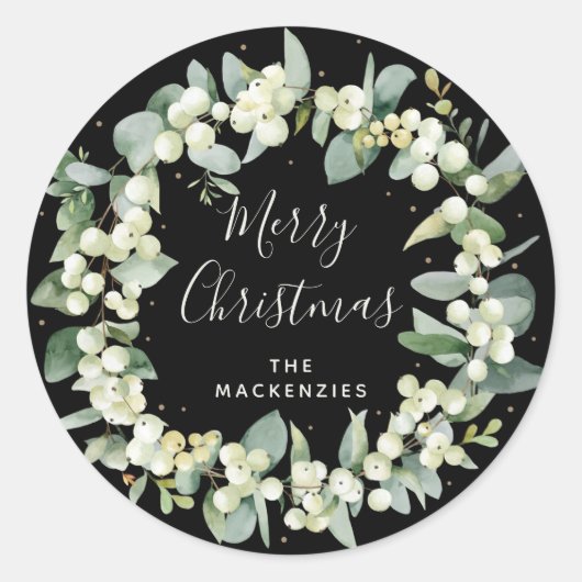 Sticker Rond Black Snowberry+Eucalyptus Wreath Joyeux Noël (Devant)