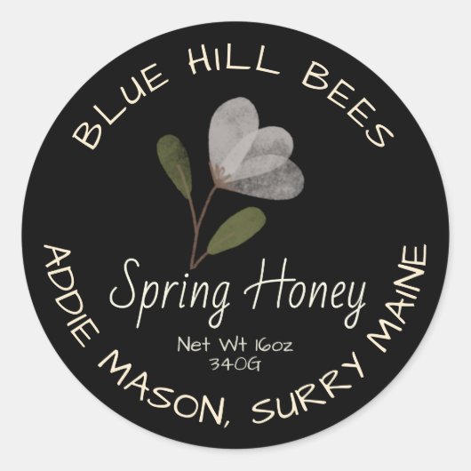 Sticker Rond Black Spring Honey Label Blanc Aquarelle Fleur (Devant)