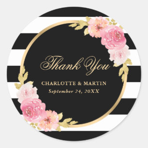 Sticker Rond Black Stripes or rose Mariage Merci