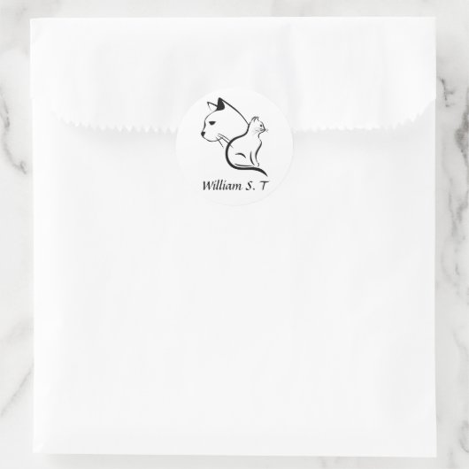 Sticker Rond Black & White Cat Line Art with Personalized Name (Sac)