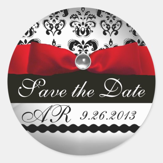 Sticker Rond BLACK & WHITE DAMASK RED RIBBON MONOGRAM Gemstone (Devant)