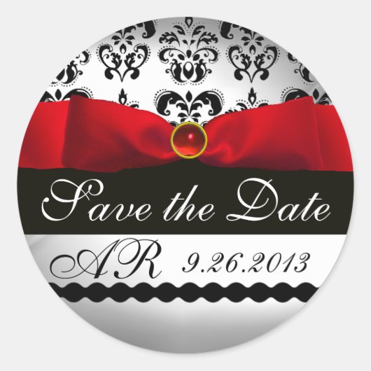 Sticker Rond BLACK & WHITE DAMASK RED RIBBON MONOGRAM Gemstone (Devant)