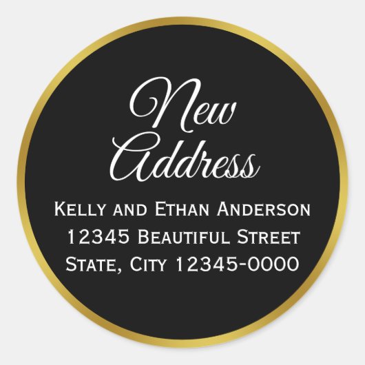 Sticker Rond Black, White et Faux Gold Nouvelle adresse (Devant)