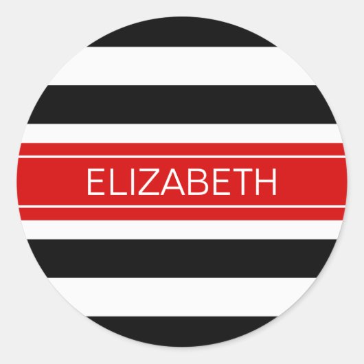Sticker Rond Black White Horz Preppy Stripe rouge Nom Monogramm (Devant)