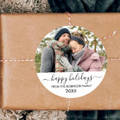 Sticker Rond Black White Script Couple Photo Joyeuses Fêtes