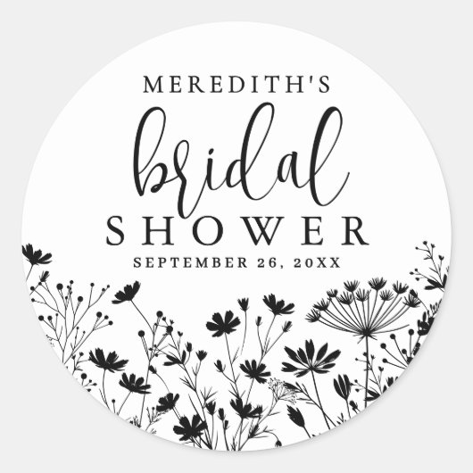 Sticker Rond Black White Wildflower Bridal Shower (Devant)
