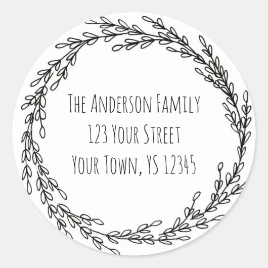 Sticker Rond Black White Wreath Floral Adresse (Devant)