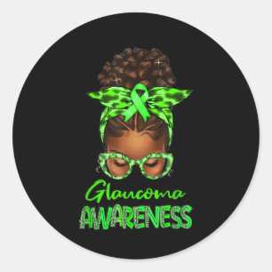 Sticker Rond Black Woman Messy Bun Green Ribbon Glaucoma Award