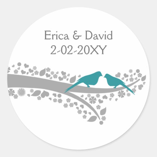 Sticker Rond blanc arbre bleu lovebirds mariage faveurs autocol (Devant)