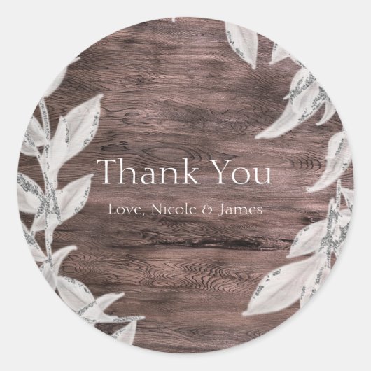 Sticker Rond Blanc & Argent Feuille Mariage d'hiver Rustique Fa (Devant)