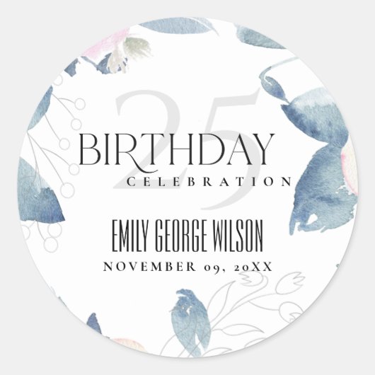 STICKER ROND BLANC DOUX BLEU BLEU FLORAL TOUT ÂGE 25E ANNIVERSA (Devant)