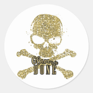 Sticker Rond Blanc Glam jusqu'à l'os Crâne Paillettes d'Or
