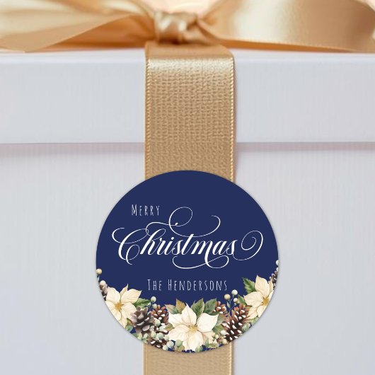 Sticker Rond Blanc Noël Poinsettia bleu