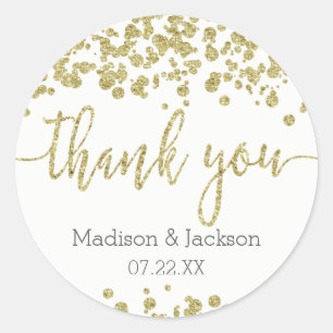 Sticker Rond Blanc & Or Confetti Mariage Merci Favor