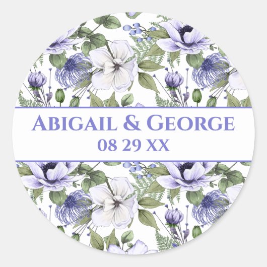 Sticker Rond Blanc Perwinkle Florals Purple Mariage Favoriser (Devant)