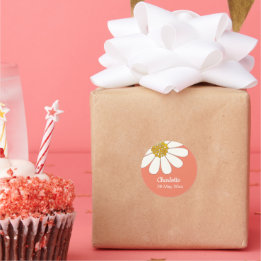 Sticker Rond Blanc Retro Moderne Fleur de marguerite Personnali