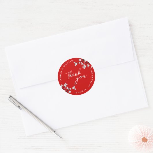 Sticker Rond Blanc Zen Sakura Cerry Blossoms Mariage d'Asie Rou (Enveloppe)