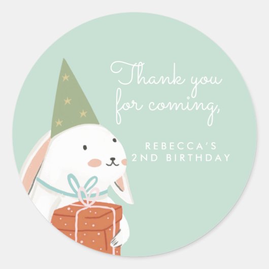 Sticker Rond BLANCHE. Cute Bunny Merci d'anniversaire (Devant)