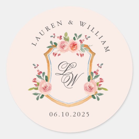 Sticker Rond Blason avec monogramme mariage rose (Devant)