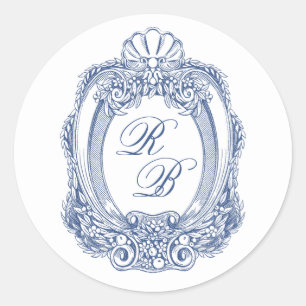 Sticker Rond Blason Baroque Bleu Français Initiales Mariage Ant
