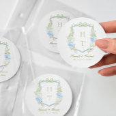 Sticker Rond Blason de mariage à monogramme à l'hortensia bleu