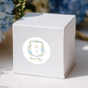 Sticker Rond Blason de mariage à monogramme à l'hortensia bleu