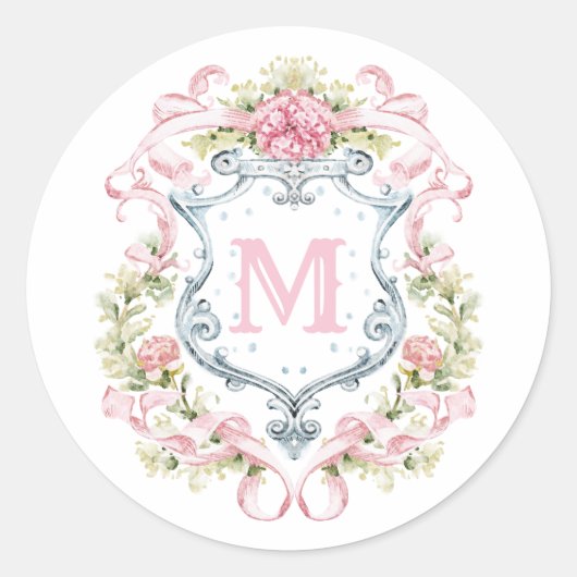 Sticker Rond Blason Floral Grandmillennial Monogramme | Mariage (Devant)