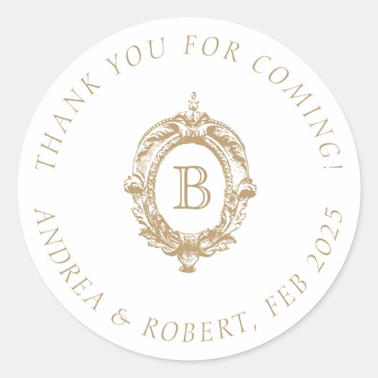 Sticker Rond Blason Monogrammé de Mariage Or Antique (Devant)