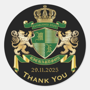 Sticker Rond Blason Monogramme Merci Veste Vert Or Griffon