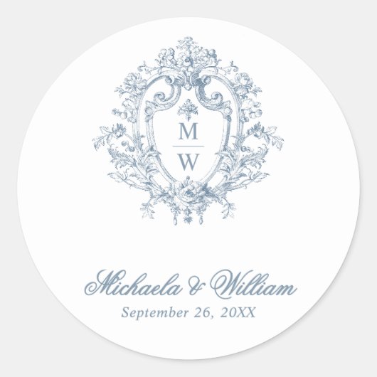Sticker Rond Blason Monogramme Régence Vintage de Mariage (Devant)