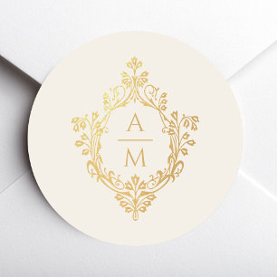 Sticker Rond Blason Vintage Crème Or Monogramme Élégant Mariage